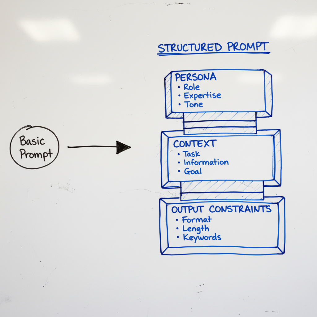 An analytical whiteboard diagram comparing the simplicity of basic prompts versus the depth of structured AI prompting frameworks.