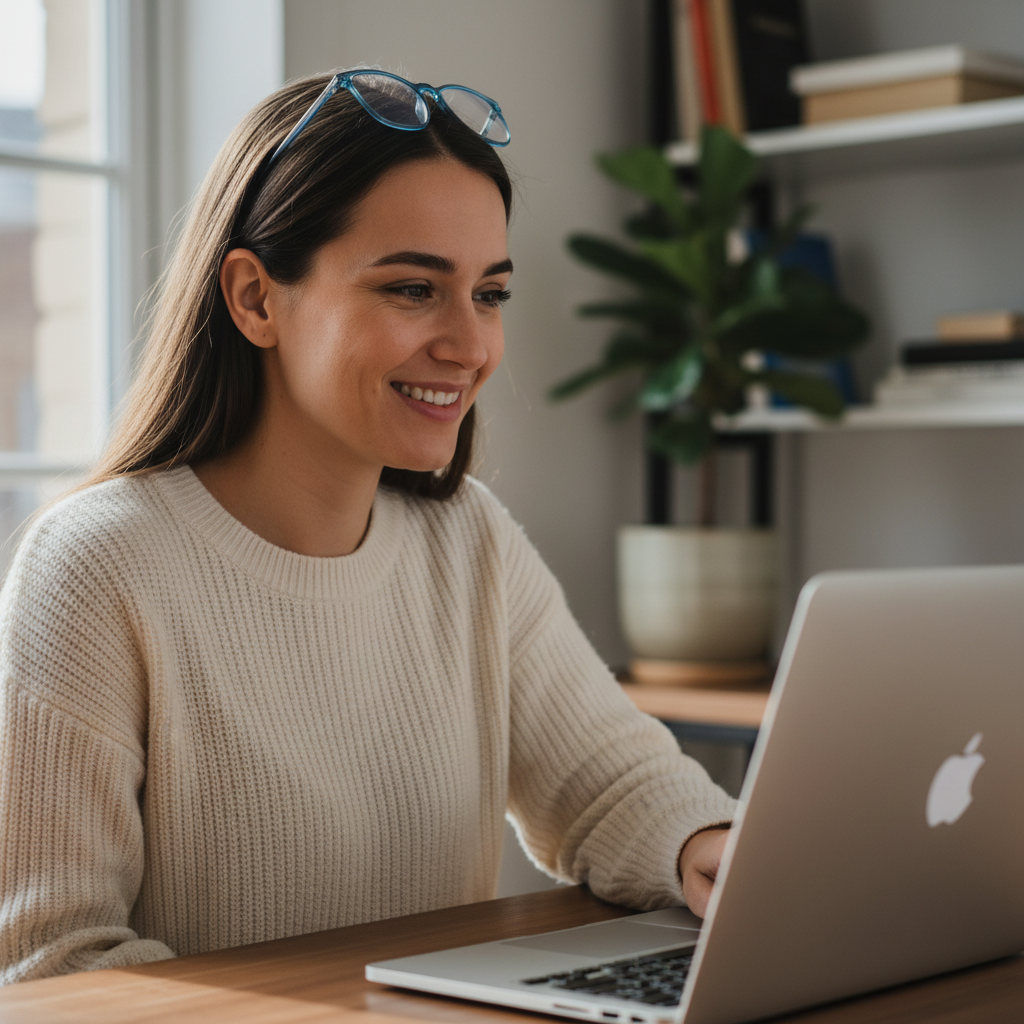 A professional woman confidently engages in an AI-powered mock interview from her bright, modern home office.