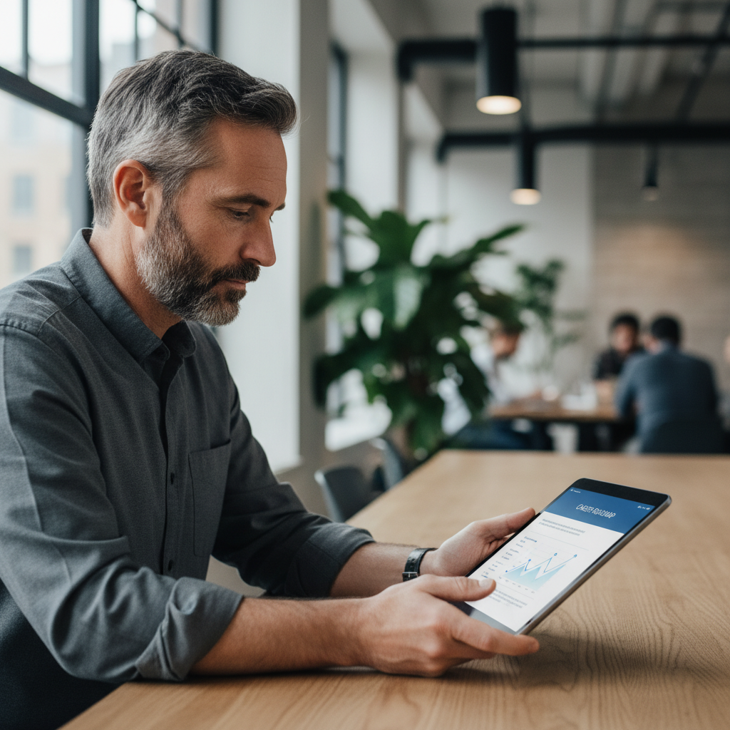 A focused professional reviewing an AI-generated career growth roadmap on a modern digital tablet.