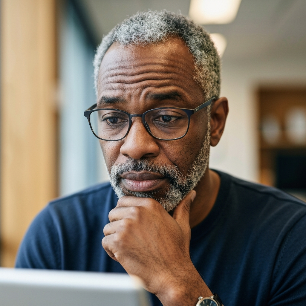 A professional thoughtfully evaluates his options, illustrating the strategic mindset required for successful BATNA planning.