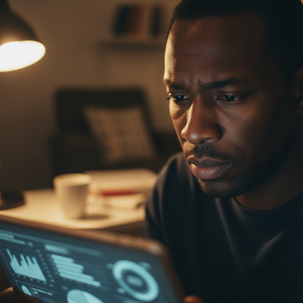 A candidate thoughtfully reviews their AI-generated performance report to identify areas for growth.