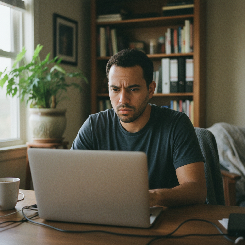 A candidate preparing for an automated video interview in a realistic home office setting.