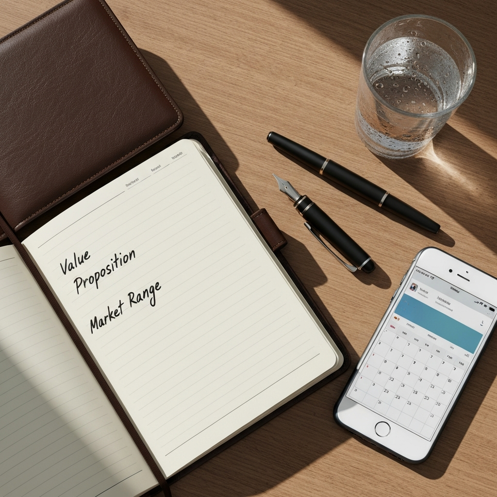 A professional flat lay of tools used for planning a successful career promotion case.