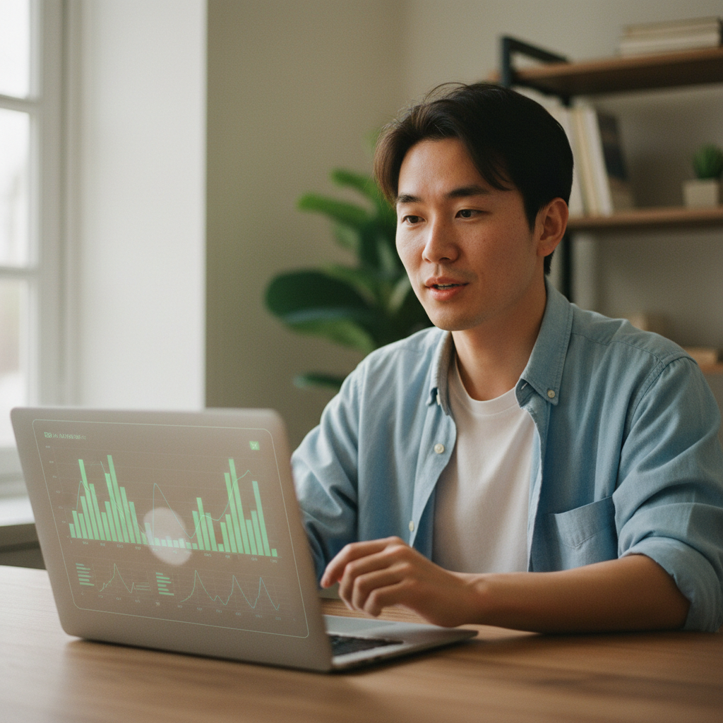 A job candidate engages with an AI mock interview platform featuring a subtle digital coach overlay on the screen.