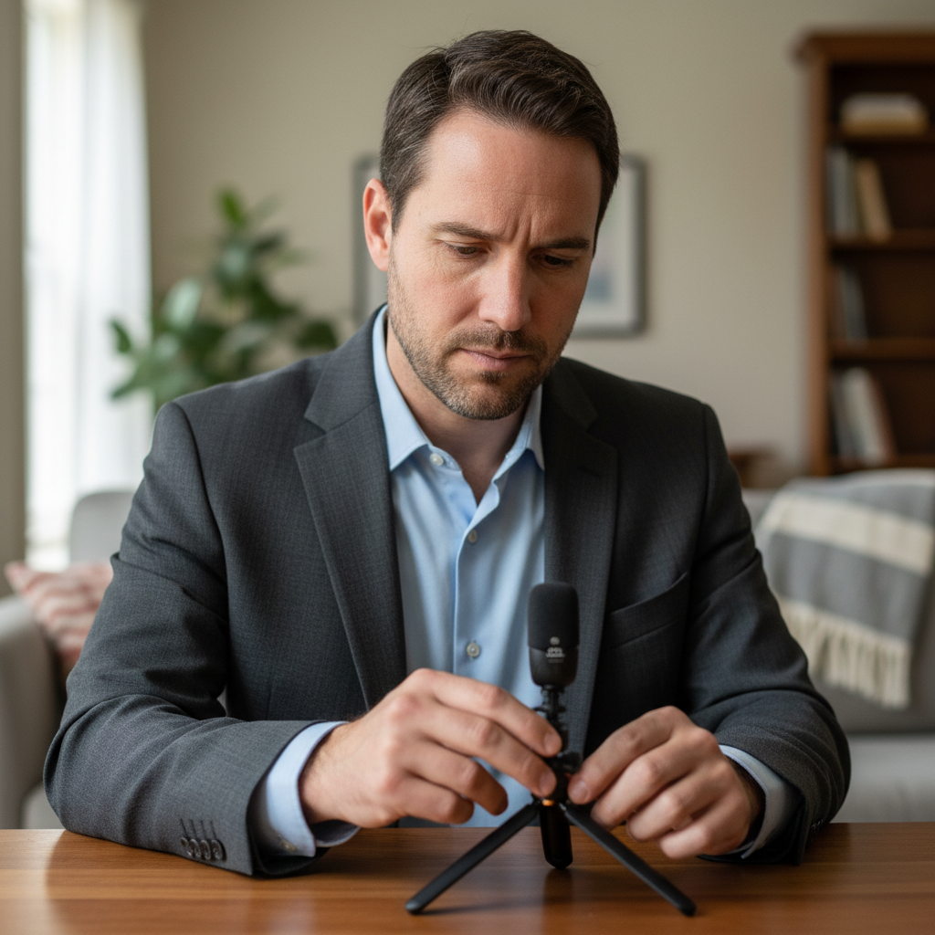 A candidate preparing for a virtual interview by adjusting their professional setup to ensure quality feedback.