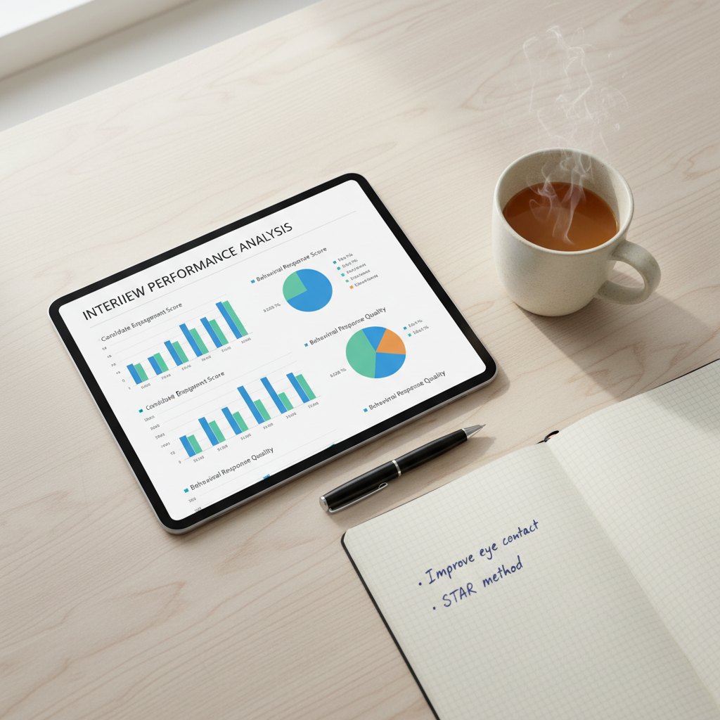 A minimalist workspace setup featuring a tablet with data-driven career insights and a notebook.