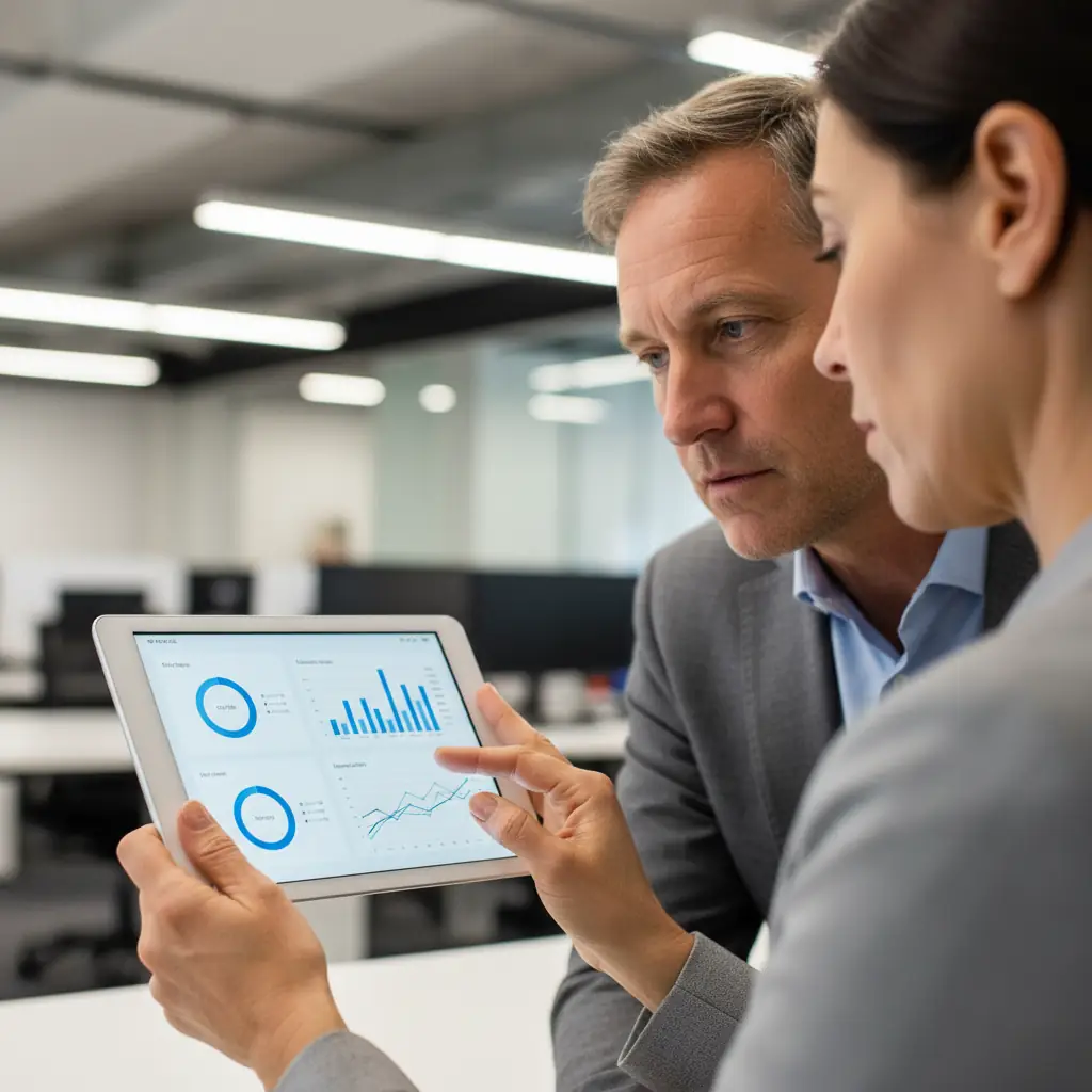 A professional presenting AI-driven performance data on a tablet during a formal review session.