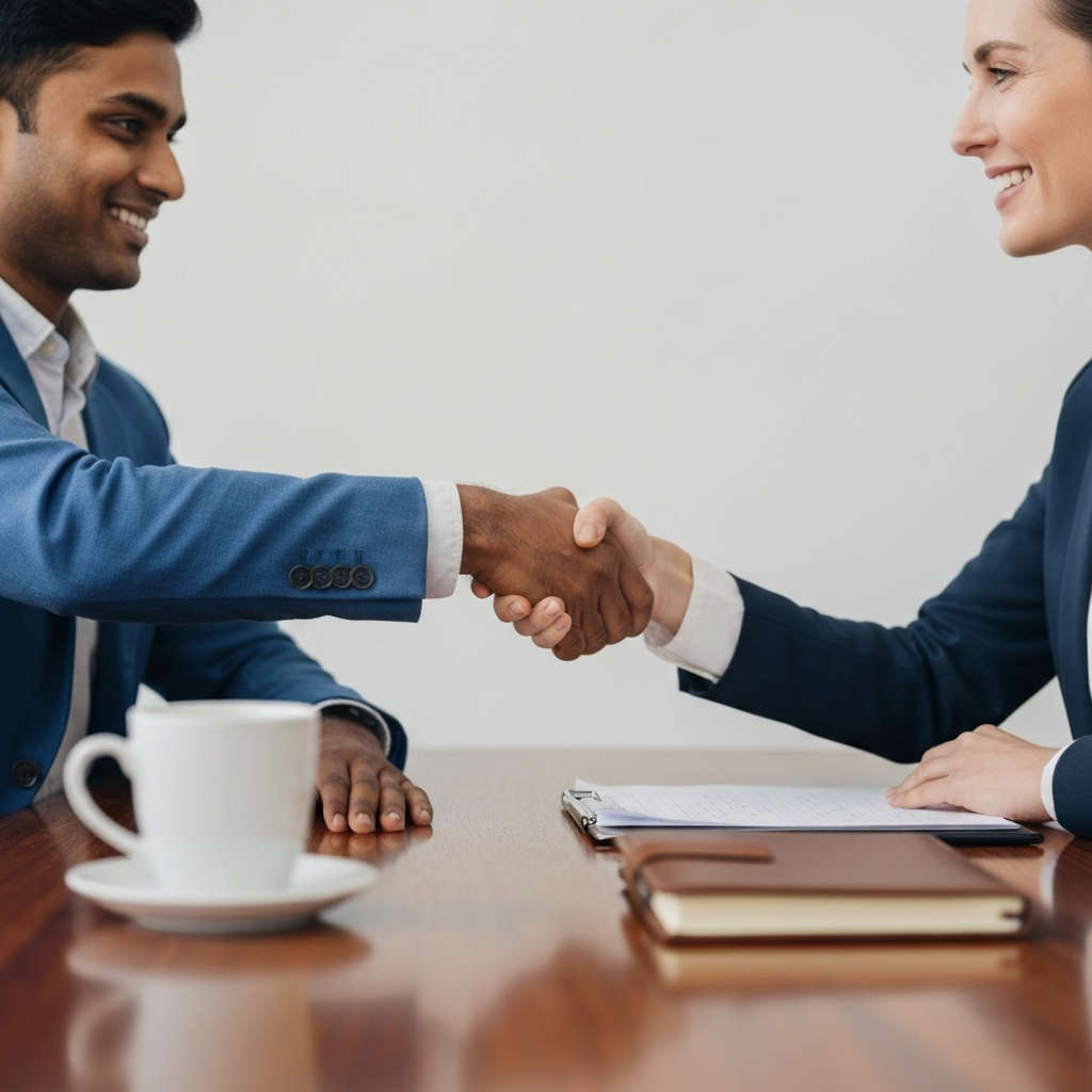 Two professionals finalize a successful negotiation with a firm handshake, representing mutual agreement and common ground.